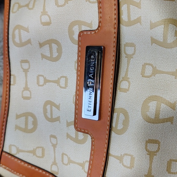 Etienne Aigner Brown and Cream Logo Canvas and Faux Leather Large Tote Bag - Picture 10 of 15